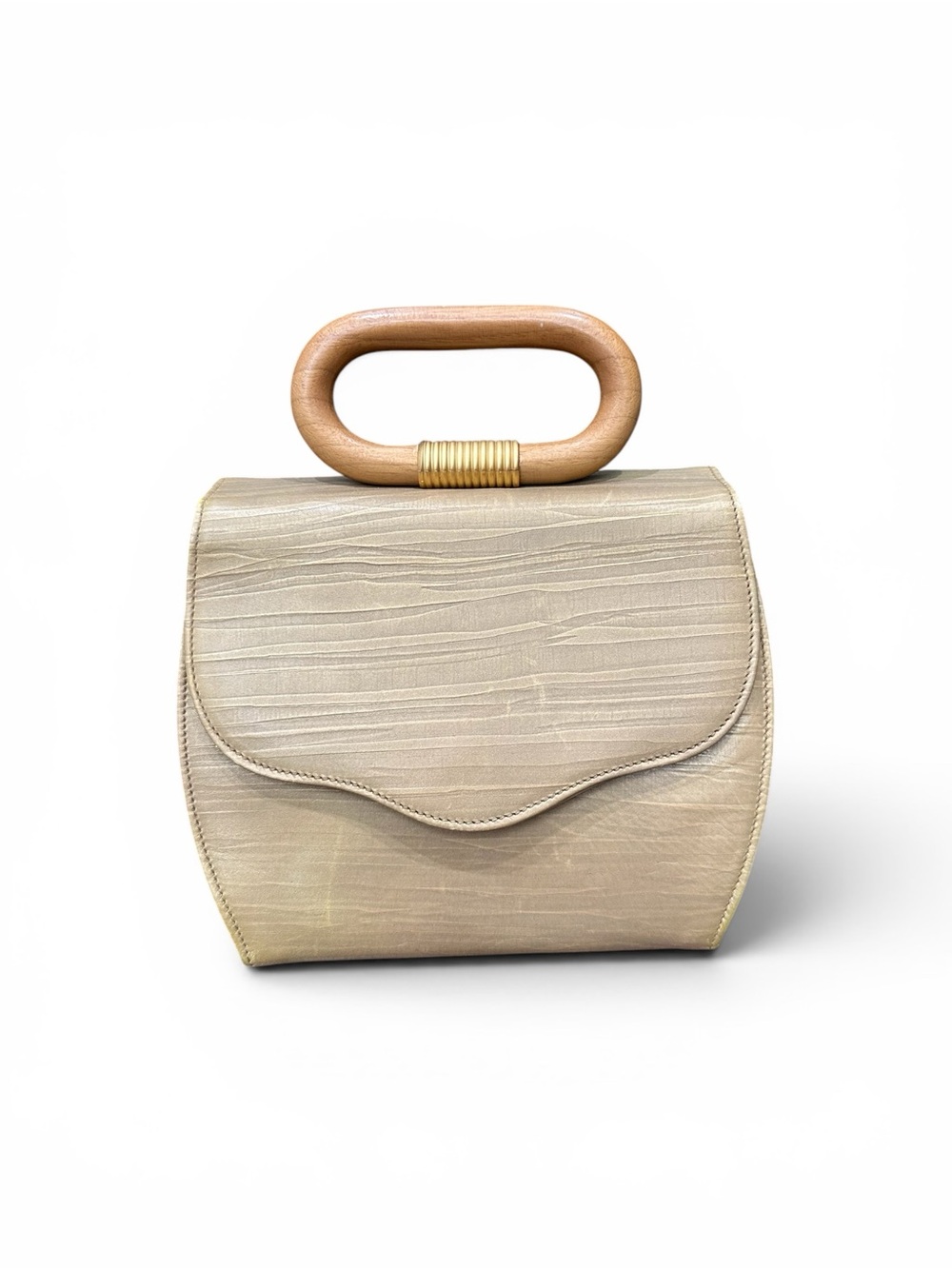 Neutral Wood-Handle Top-Handle Bag